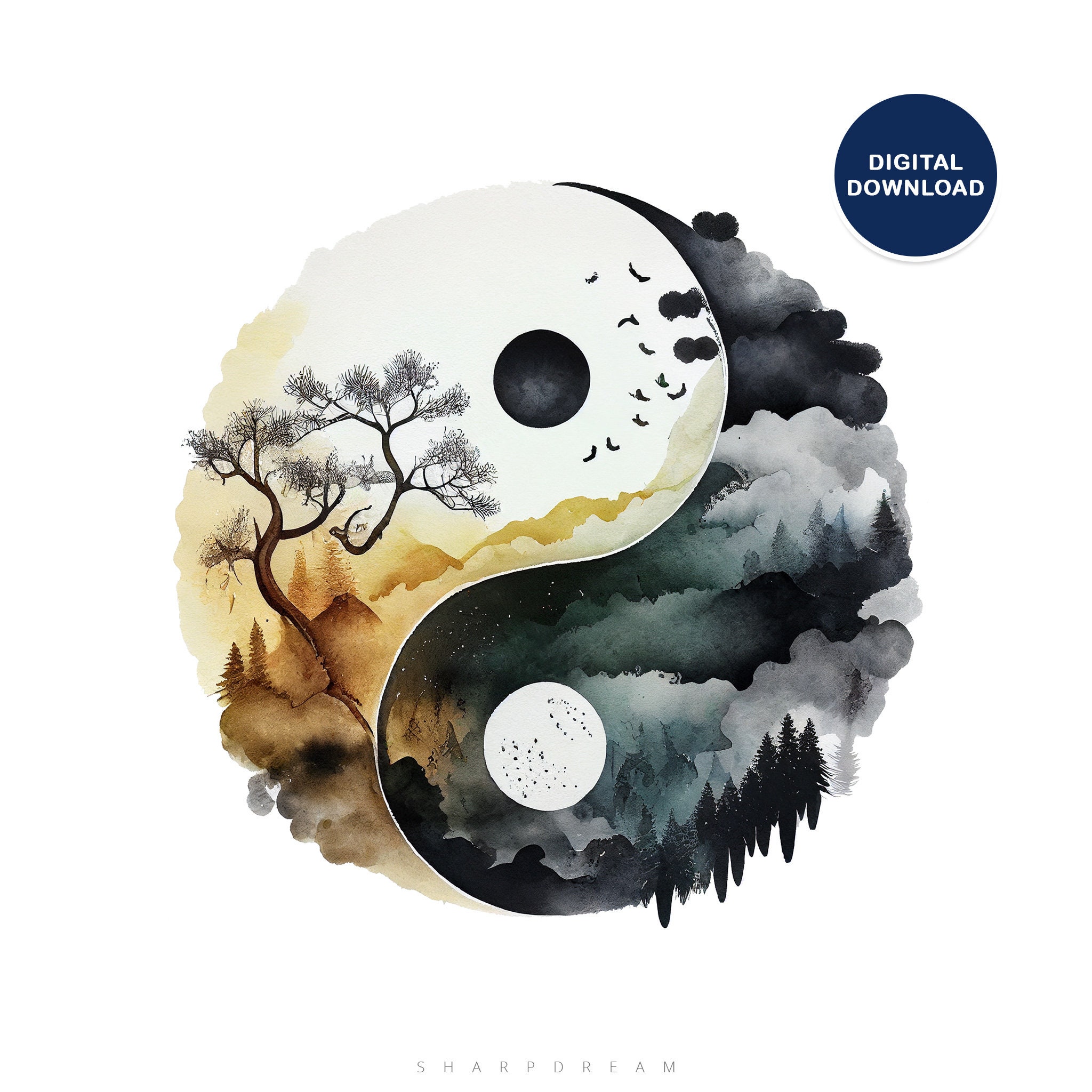 Yin Yang Wall Art Printable, Zen Yinyang Poster, Watercolor Ying and