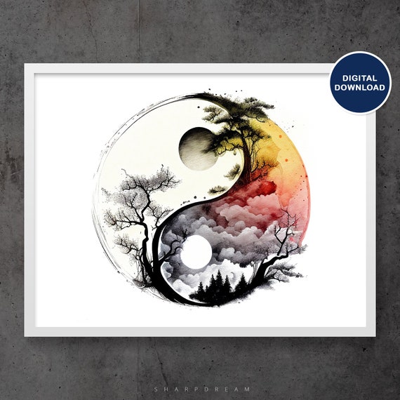 Yin Yang Printable, Ying Yang Watercolor Artwork, Meditation Wall