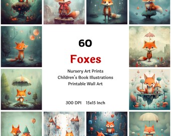 Cartoon Fox Printable Clipart Bundle, Cute Foxes Nursery Wall Art Collection Digital Download, Animal Graphics Poster Set, Commercial Use