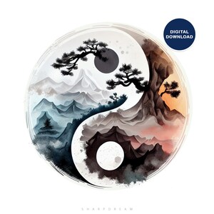 Yin yang wall art, Spiritual print, Taoism Art, Yoga Wall Decor, Printable wall art, Digital Download