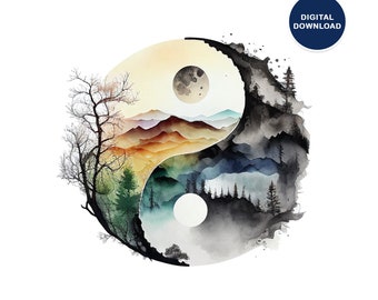 Yin Yang Wall Art Printable, Zen Yin and Yang Poster, Brown and Blue Ying-Yang Instant Download, Abstract Ying Yang Art Print