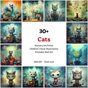 Cute Cat Nursery Art Printable Collection, Print Set, Cats Painting Clipart Bundle, Watercolor Kitten Wall Art Nursery, Commercial Use