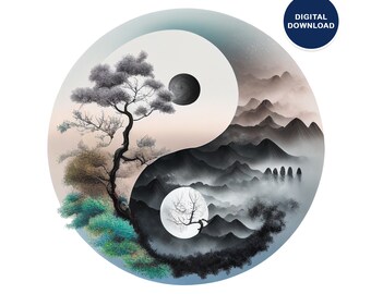 Yin-Yang Wall Art Printable, Zen Yin and Yang Poster, Yoga Studio Artwork, Ying and Yang Instant Download, Abstract Ying Yang Art Print