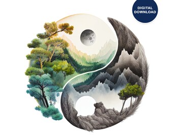 Pode incluir: Uma pintura em aquarela de um símbolo yin yang com uma paisagem de montanha e floresta de cada lado. O lado esquerdo é verde e apresenta árvores e uma lua. O lado direito é cinza e apresenta montanhas e uma árvore.