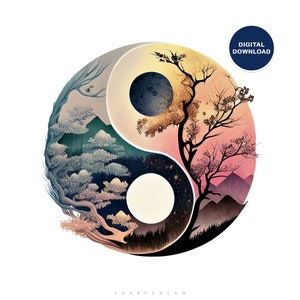 Op de afbeelding: Een yin yang symbool met een boom die door het midden groeit. De linkerkant van het symbool is blauw en groen met een halve maan, terwijl de rechterkant roze en oranje is met een volle maan. De boom heeft takken aan beide kanten van het symbool.