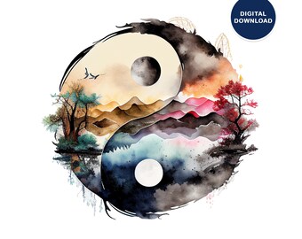Watercolor Yin-Yang Printable on Wall Art, Posters, T-shirts, Mugs, Bags, Pillows, Stickers, Digital Download, Printable YinYang File