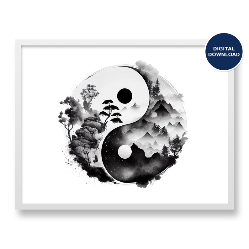Yin Yang symbol is presented in a specific way. It is composed of yin - black part, which is illustrated with mountains at night, anf white part - yang, which is illustrated with forests at day time