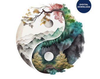 Pode incluir: Uma pintura de aquarela de um símbolo yin yang com uma paisagem de montanha e floresta em cada metade. A metade superior é clara com uma lua branca e uma árvore com folhas vermelhas e amarelas. A metade inferior é escura com uma lua branca e uma floresta com folhas verdes e azuis.
