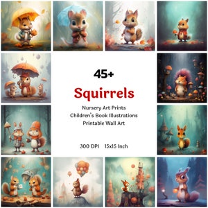 Squirrel Printable Clipart Bundle, Cute Squirrels Nursery Wall Art Collection Digital Download, Animal Graphics Poster Set, Commercial Use
