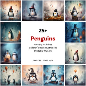 Niedliche Pinguin-Kinderzimmer-Kunstdruck-Sammlung, Print-Set, Pinguine, die Clipart-Bundle malen, Aquarell-Wand-Kunst-Kinderzimmer, kommerzielle Nutzung