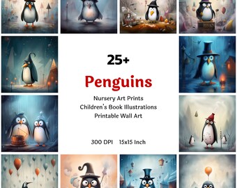 Cute Penguin Nursery Art Printable Collection, Print Set, Penguins Painting Clipart Bundle, Watercolor Wall Art Nursery, Commercial Use