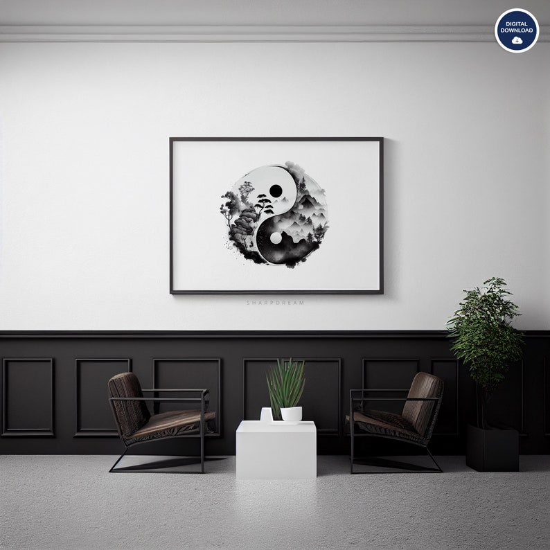 Yin and Yang Instant Download, Watercolor Ying Yang Printable Wall Art, Spiritual Yin Yang Decor To Print, Black and White Ying Yang Poster image 4