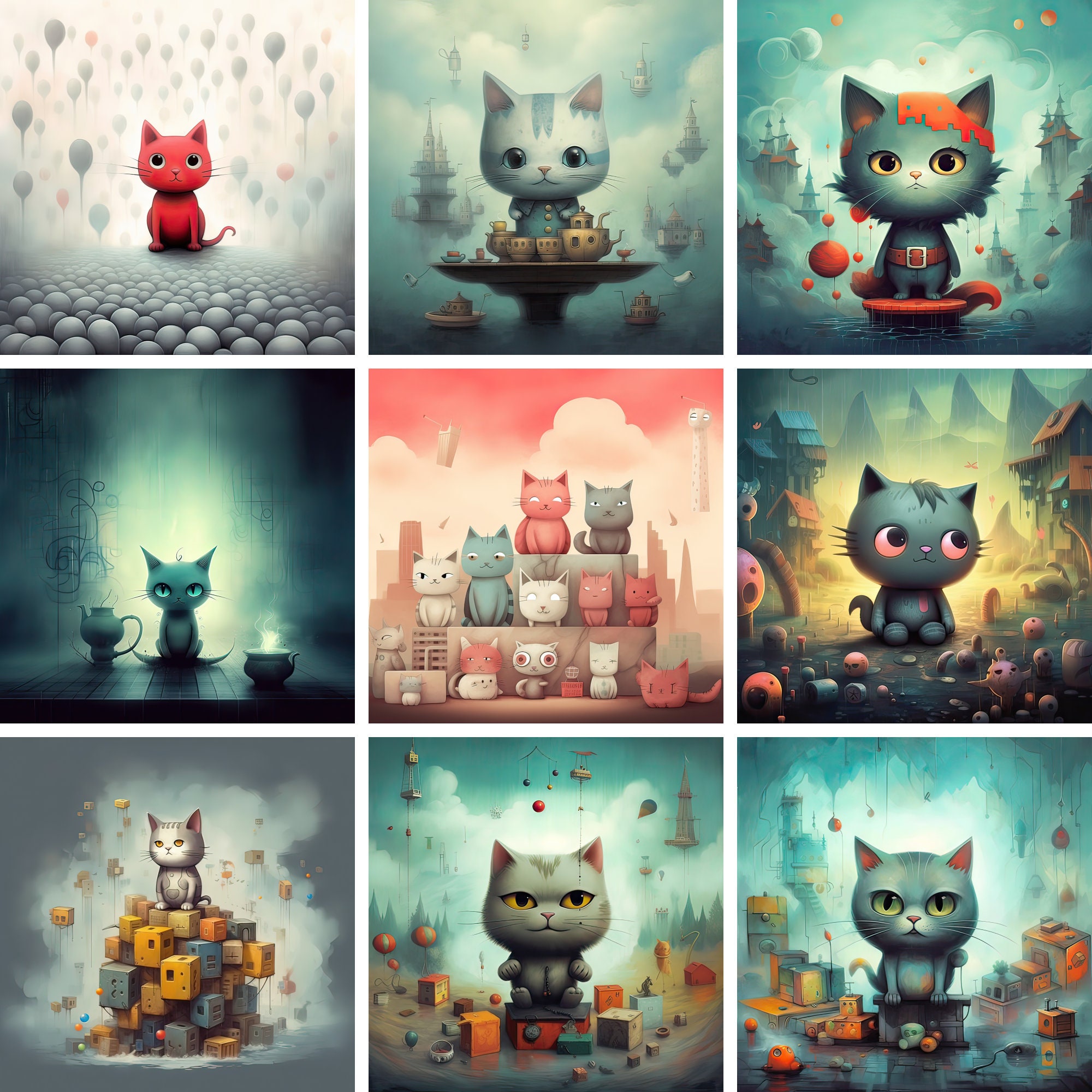 Cute Cat Nursery Art Printable Collection, Print Set, Cats Painting ...