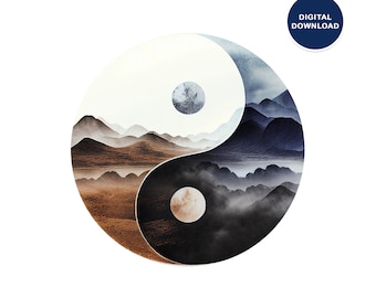 Yin Yang Wall Art Printable, Zen Yin and Yang Poster, Brown and Blue Ying and Yang Instant Download, Abstract Ying Yang Art Print