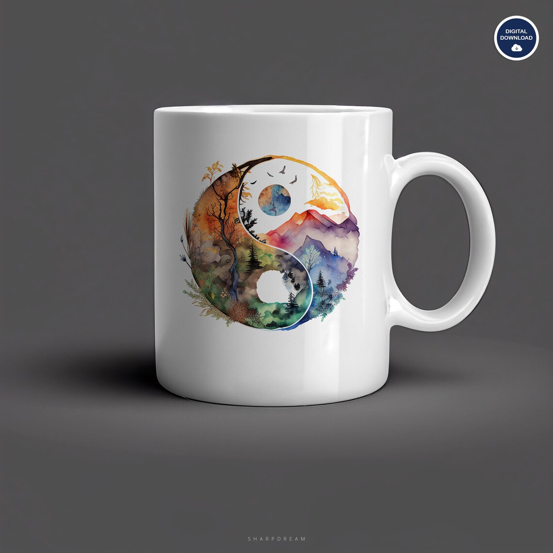 Zen Yin-yang Balance Printable Art, Watercolor Digital Wall Decor