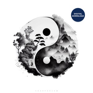 Yin and Yang Instant Download, Watercolor Ying Yang Printable Wall Art, Spiritual Yin Yang Decor To Print, Black and White Ying Yang Poster