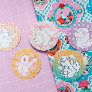 Pokemon Gen 1 starters ronde sticker serie - 69mm diameter - Pikachu - Charmander - Squirtle - Bulbasaur - Dragonite