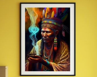 Shaman Digital Image Ayahuasca Psychedelic Wall Art Shaman Digital Art Psychedelic Colorful Image Instant Download Ayahuaska Wall Decor