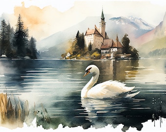 Lake Bled Digital Image Nature Mountains Church Digital Download Watercolor Swan Lake Island Instant Download Slovenia