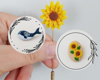 Polymer Clay Brooch, Sunflower Pin, Sun Flower Brooch, Handmade Unique Gift For Her, Whale Brooch