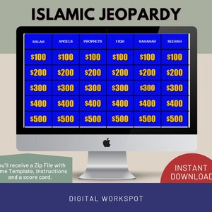May include: A computer screen displaying a blue and yellow Islamic Jeopardy game board. The categories are Salah, Angels, Prophets, Fiqh, Sahabah, and Seerah. Each category has five values: $100, $200, $300, $400, and $500.