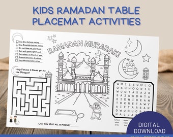 Actividades de manteles individuales de mesa imprimibles de Ramadán y hoja de trabajo para colorear para niños / Favor de fiesta / Descarga instantánea