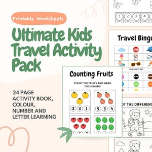 Diario de actividades para niños, páginas de viaje, hojas de aprendizaje, colorear, números y letras, paquete creativo para niños, hojas de trabajo imprimibles para llevar.