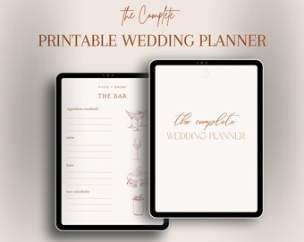 May include: A digital tablet screen displaying a printable wedding planner checklist. The checklist includes sections for food, drinks, and the bar. The screen is white with brown text and illustrations of cocktails, wine glasses, and beer mugs.