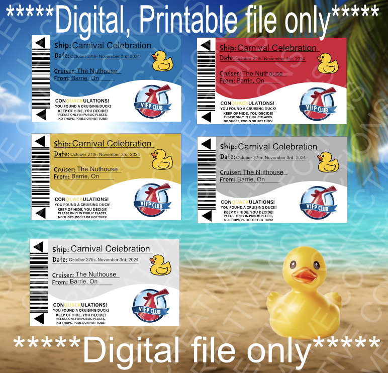 Personalized Carnival Cruise Duck Tags: Carnival Cruise Sign and Sail Cards Blue, Red, Gold, Platinum, Diamond.
