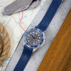 Premium Fitted FKM Rubber Watch Strap Deployment Clasp - For Omega Seamaster Blue 20mm