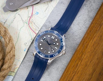 Premium Fitted FKM Rubber Watch Strap Deployment Clasp - For Omega Seamaster Blue 20mm