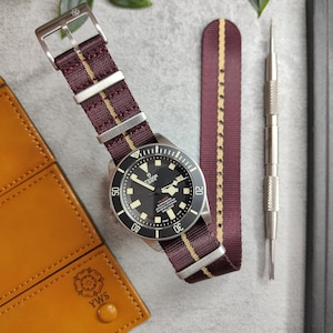 Premium Seatbelt Maroon and Pinstripe Khaki Watch Strap (20mm - 22mm ) Maroon Red Khaki