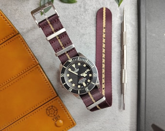 Premium Seatbelt Maroon and Pinstripe Khaki Watch Strap (20mm - 22mm ) Maroon Red Khaki