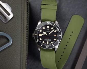 Correa de reloj de caucho FKM de primera calidad de una sola pasada - Tejido Hatch - Verde 20 mm - 22 mm