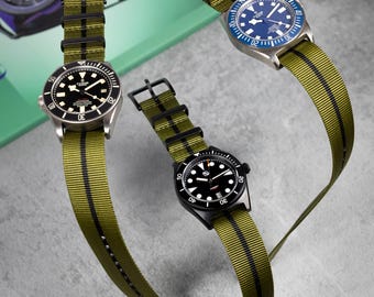 Premium Tubular Nylon Single Pass Watch Strap PVD Buckle - Green Black (20mm-22mm)