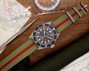 Premium Nylon Braided Ribbed Single Pass Watch Strap (20mm - 22mm ) Green Red