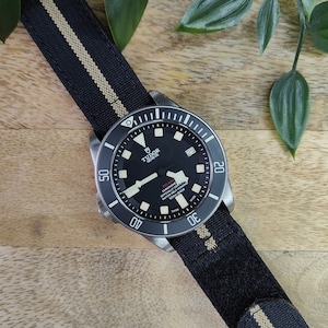 Pulseira de relógio de nylon balístico com nervuras premium de duas peças com gancho e presilha (20 mm - 22 mm) preto cáqui