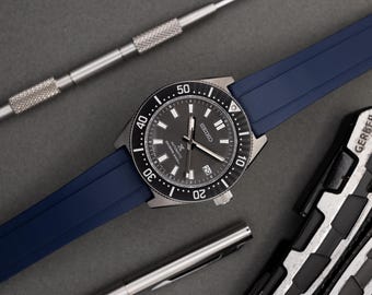 Premium Cut To Size FKM Rubber Two Piece Watch Strap - Deployment Clasp - Quick Release Spring Bars -Navy Blue - 20mm - 22mm