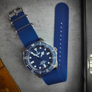 Premium Rubber Ocean Blue Single Pass One Piece Watch Strap Polished Hardware Blue 20mm 22mm
