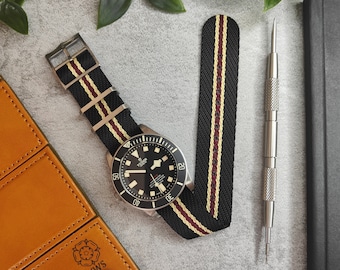 Premium Twill Single Pass For Tudor Watch Strap (20mm - 22mm ) Black Khaki Red