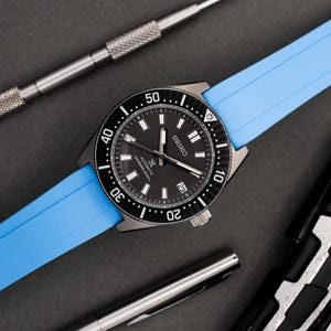 Premium Cut To Size FKM Rubber Two Piece Watch Strap - Deployment Clasp - Quick Release Spring Bars - Sky Blue - 20mm - 22mm