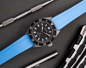 Premium Cut To Size FKM Rubber Two Piece Watch Strap - Deployment Clasp - Quick Release Spring Bars - Sky Blue - 20mm - 22mm