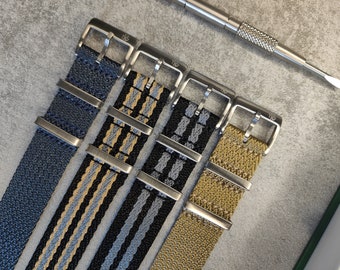 Premium Herringbone Nylon Single Pass Watch Strap (20mm - 22mm ) Tan Khaki Blue Black Grey Bond Spectre No Time To Die