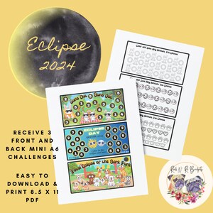 Op de afbeelding: Een verzameling afdrukbare financiële uitdagingen met een gele achtergrond. De ontwerpen bevatten illustraties van konijnen en honden, met teksten als "Eclipse 2024", "Suns Out Buns Out" en "Total Eclipse of the Bark Park".