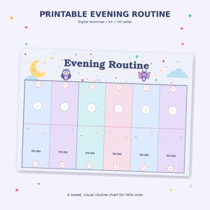 Peut inclure: Un tableau de routine du soir imprimable avec le texte "PRINTABLE EVENING ROUTINE" et "Evening Routine". Le tableau comprend un croissant de lune jaune, un hibou violet, une chauve-souris et six colonnes avec le texte "TO DO".