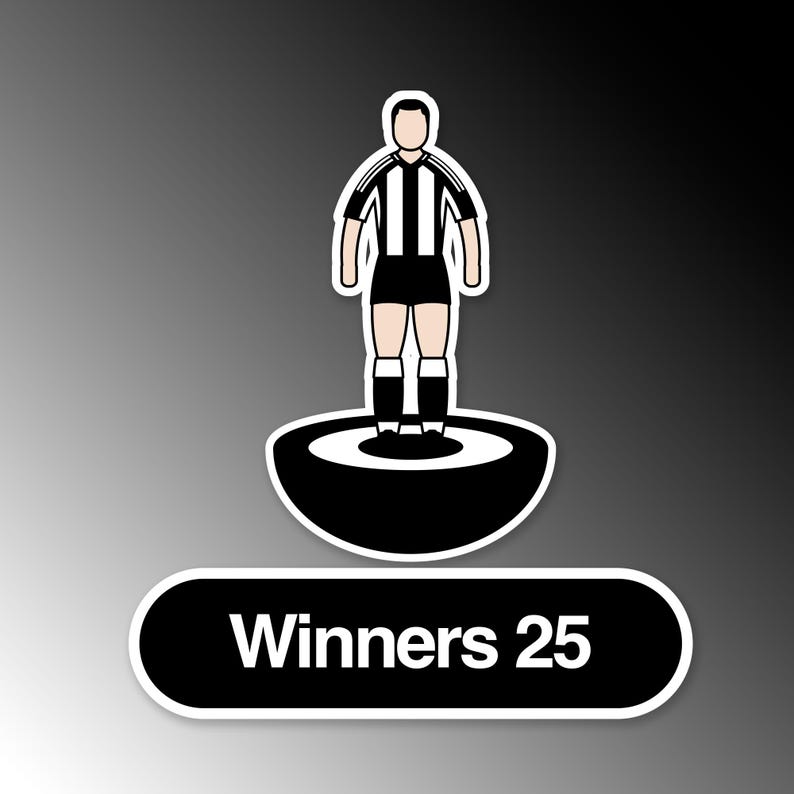 May include: Black and white football player figurine on a black and white base with the text "Winners 25" on a black and white oval.