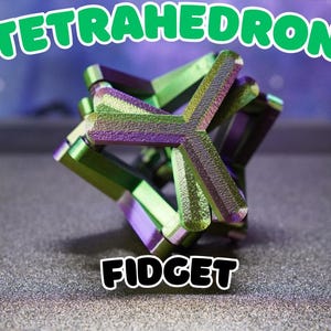 May include: A metallic green and purple tetrahedron fidget toy. The word "TETRAHEDRON" is written in green above the object, and the word "FIDGET" is written in black below it. The object is on a gray surface.