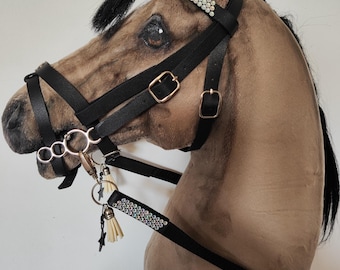 Accessori per Hobby Horse, briglia a 4 anelli con cinturino flash, briglia nera con redini