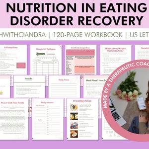 Può includere: Un quaderno di lavoro digitale intitolato "Nutrizione nel recupero dei disturbi alimentari" con il testo "Download istantaneo" e "PDF". Il quaderno include pagine su proteine, affermazioni, fame e alimentazione intuitiva.
