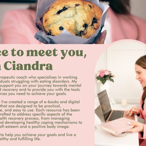 Pode incluir: Uma mulher com um blazer rosa est&aacute; sentada em uma mesa com um laptop e um caderno rosa. O texto "Nice to meet you, I'm Ciandra" &eacute; exibido na tela. A mulher &eacute; uma coach terap&ecirc;utica que se especializa em trabalhar com indiv&iacute;duos que lutam contra transtornos alimentares.